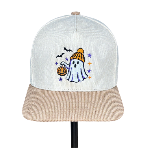 Ghost with Pumpkin on Corduroy Trucker Hat