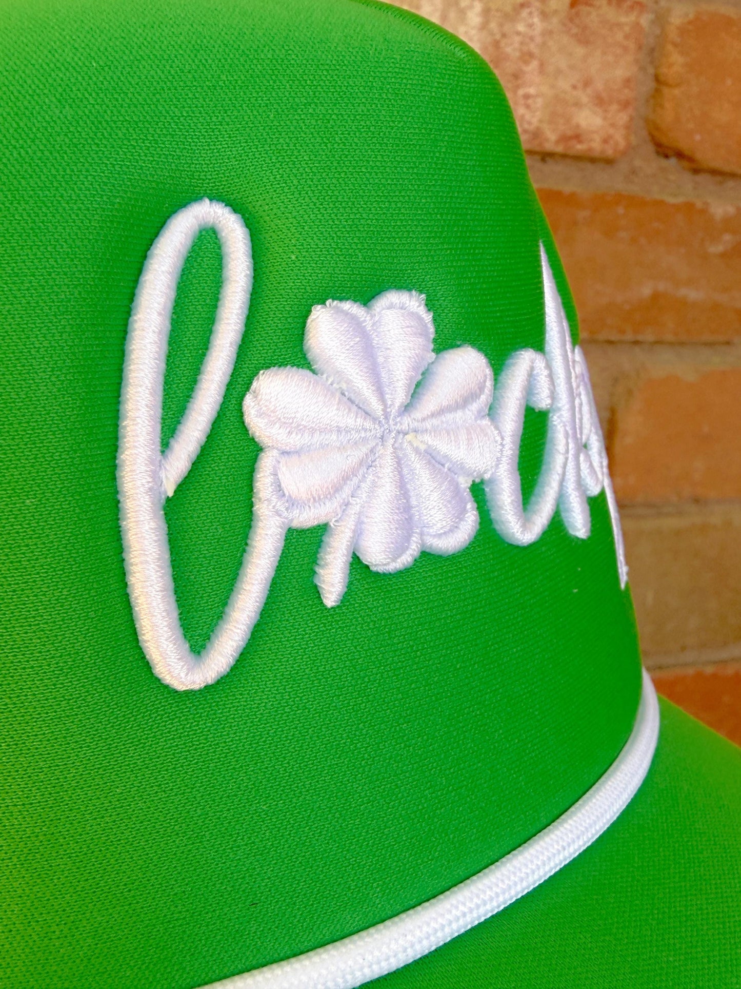 Lucky 3D Puff Foam Green Checkered Mesh Trucker Hat, Embroidered Hat