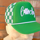 Lucky 3D Puff Foam Green Checkered Mesh Trucker Hat, Embroidered Hat